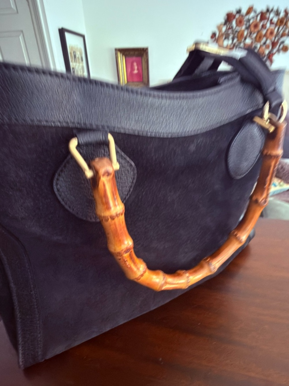 CLOSET CLEAR OUTGUCCI Suede Shoulder / Tote Bag with BAMBOO HANDLE & extra strap